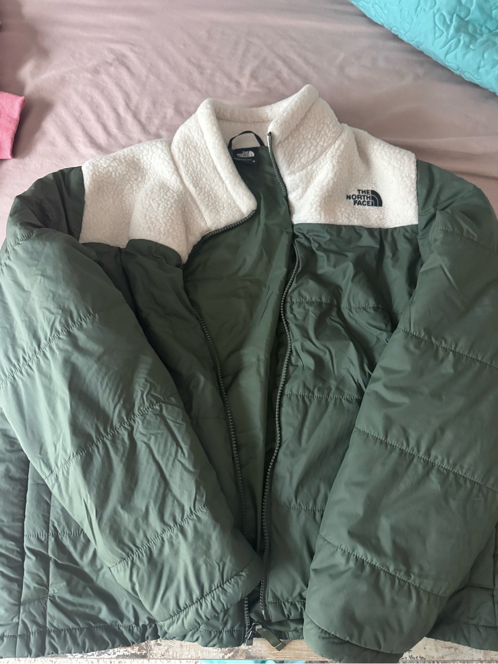 The North Face Olive Green & Cream Puffer Jacket